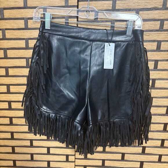 Nasty Gal Black Fringe Faux Leather Shorts Size 4 - Picture 1 of 8